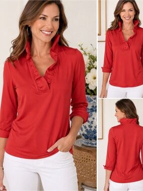 Gretchen Scott Ruffle Split Neck Stretch Top True Red Cuff Sleeves  Sz S🧡